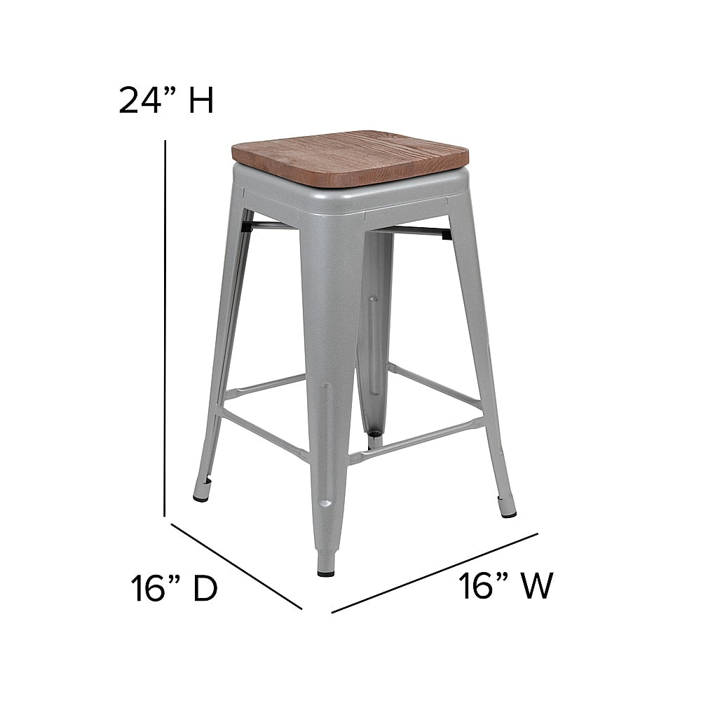 Flash Furniture - 24" High Metal Counter-Height, Indoor Bar Stool with Wood Seat - Stackable Set of 4 - Silver_10