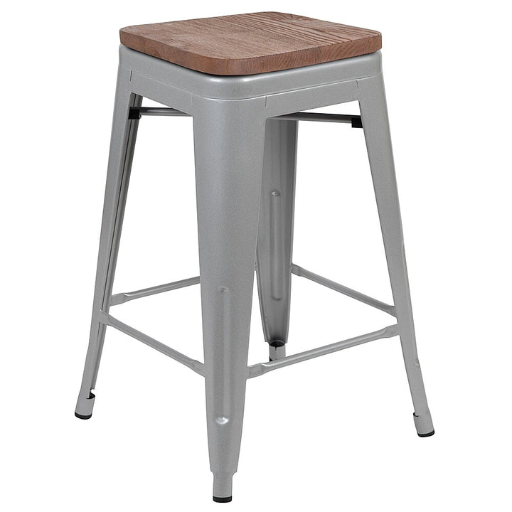 Flash Furniture - 24" High Metal Counter-Height, Indoor Bar Stool with Wood Seat - Stackable Set of 4 - Silver_8