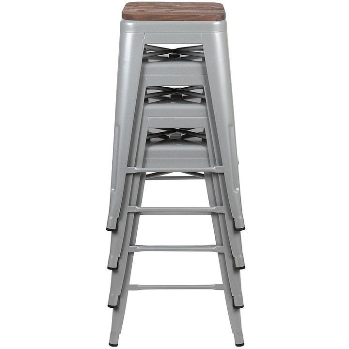 Flash Furniture - 24" High Metal Counter-Height, Indoor Bar Stool with Wood Seat - Stackable Set of 4 - Silver_5