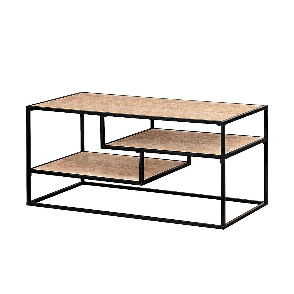 Walker Edison - Modern Minimal Coffee Table with Floating Shelves - Coastal Oak_1