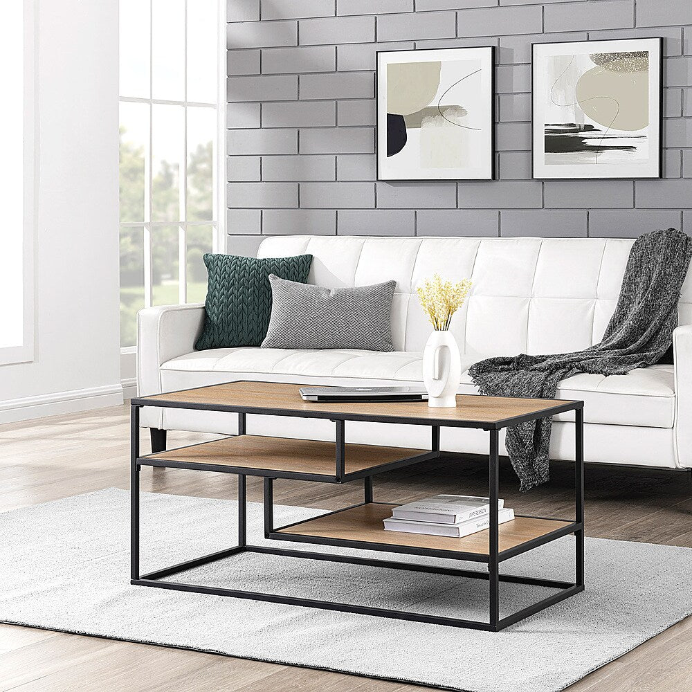 Walker Edison - Modern Minimal Coffee Table with Floating Shelves - Coastal Oak_2