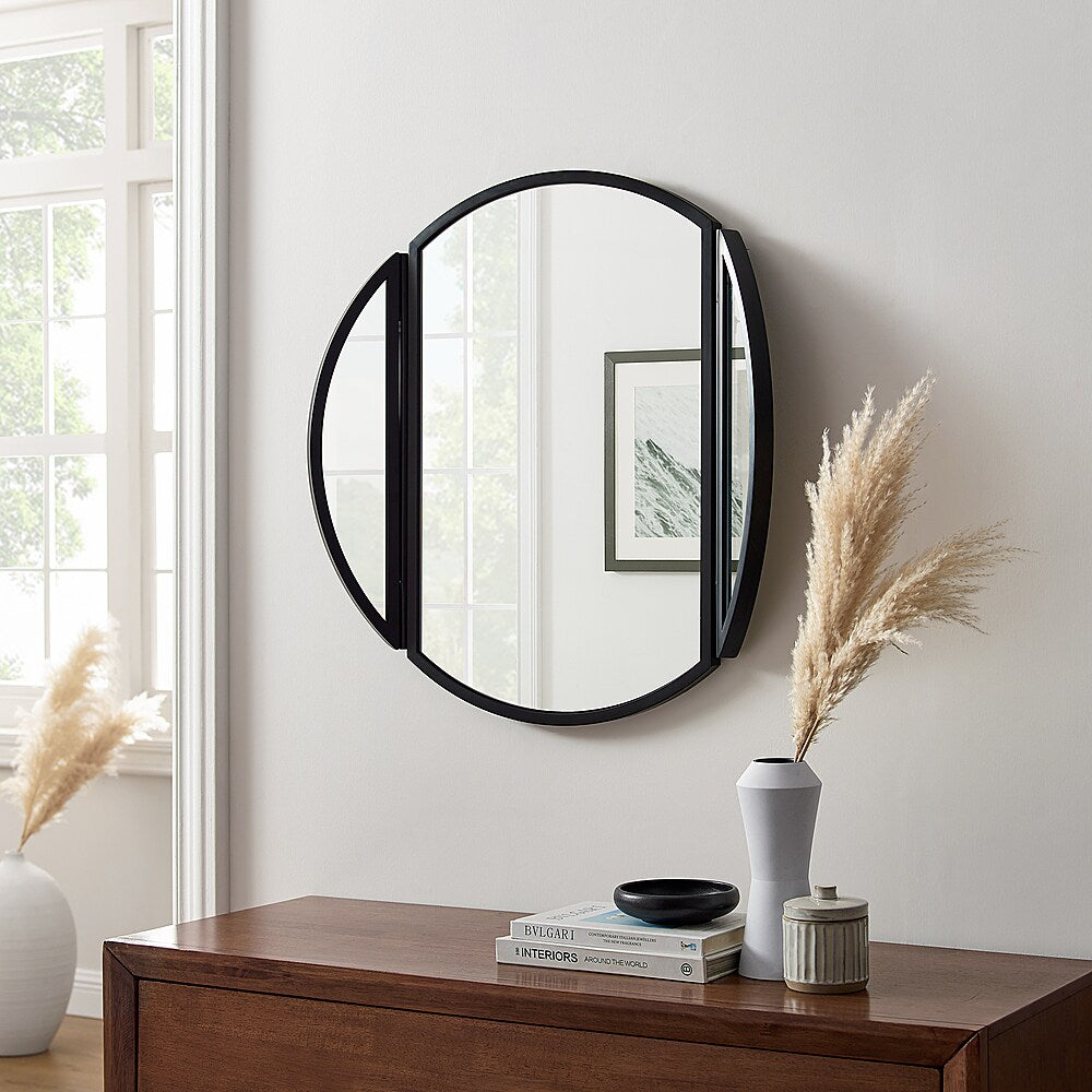 Walker Edison - Contemporary Round Metal Wall Mirror with Hinging Sides - Black_6