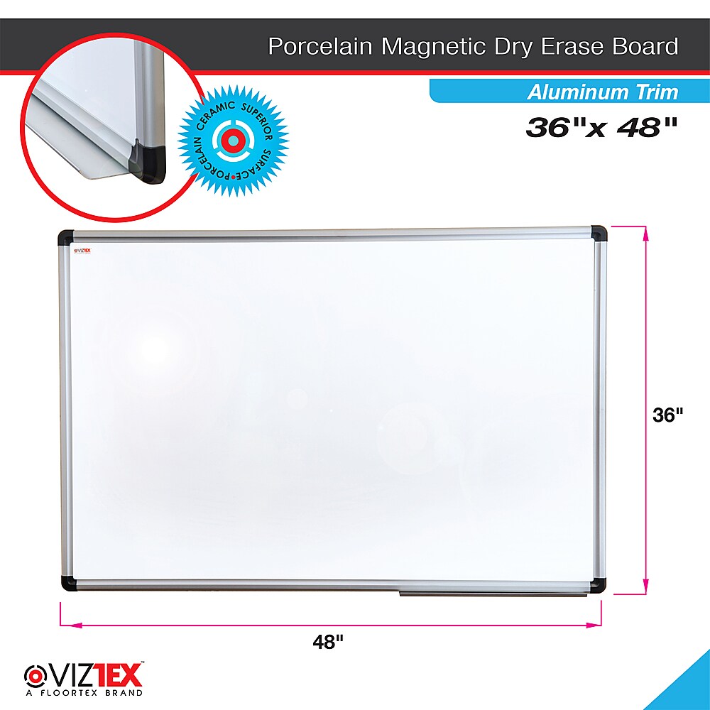 Floortex - Viztex Porcelain Magnetic Dry Erase Board with an Aluminum Frame - 48" x 36" - White_3
