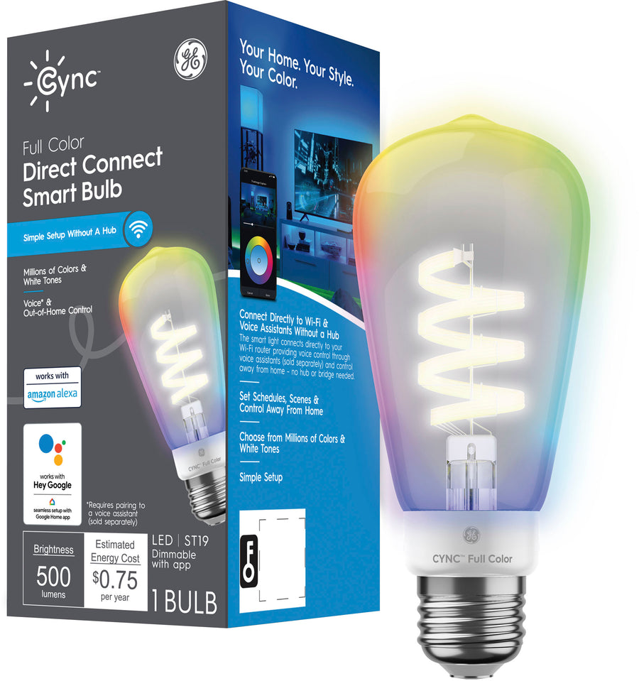 GE - CYNC ST19 Edison Style Bluetooth / Wi-Fi Enabled Smart LED Light Bulb (1 Pack) - Full Color_0