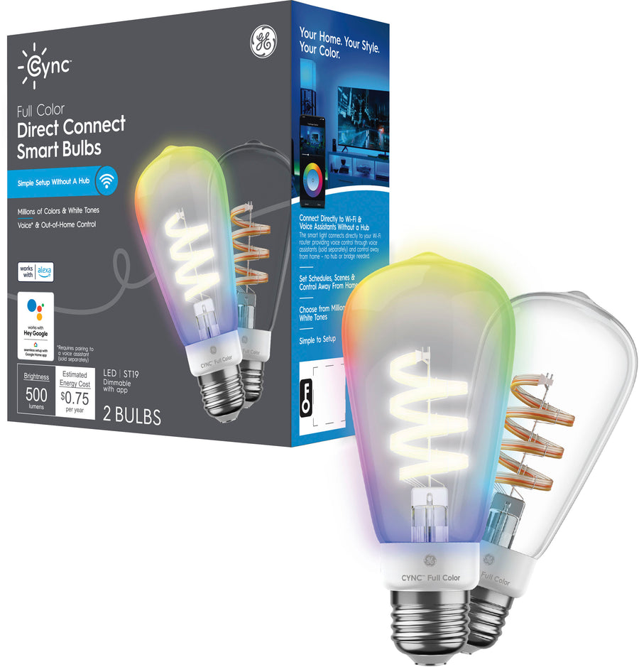 GE - CYNC ST19 Edison Style Bluetooth / Wi-Fi Enabled Smart LED Light Bulb (2 Pack) - Full Color_0