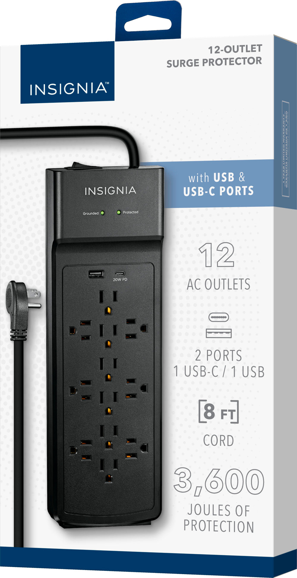 Insignia™ - 12-Outlet/2-USB 3,600 Joules Surge Protector Strip - Black_1