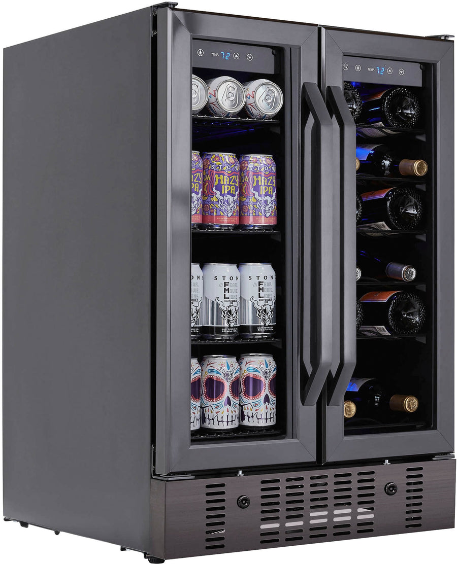Newair 24” Built-in Dual Zone 18 Bottle and 58 Can Wine and Beverage Fridge, with French Doors and Adjustable Shelves - Black stainless steel_0