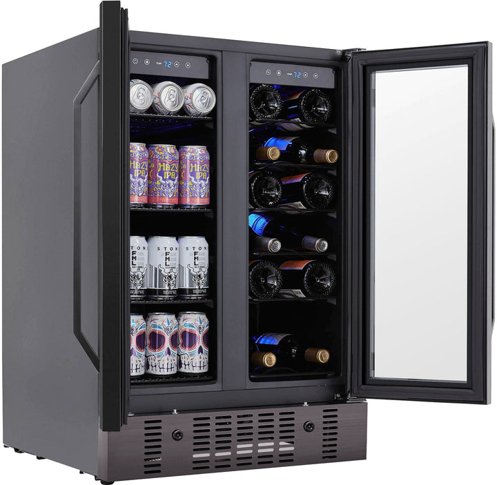 Newair 24” Built-in Dual Zone 18 Bottle and 58 Can Wine and Beverage Fridge, with French Doors and Adjustable Shelves - Black stainless steel_8