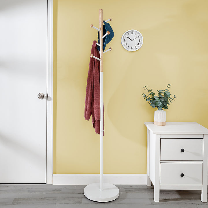 Honey-Can-Do - Freestanding Corner Coat Rack with 6 Hooks with Wood Accent - White_3