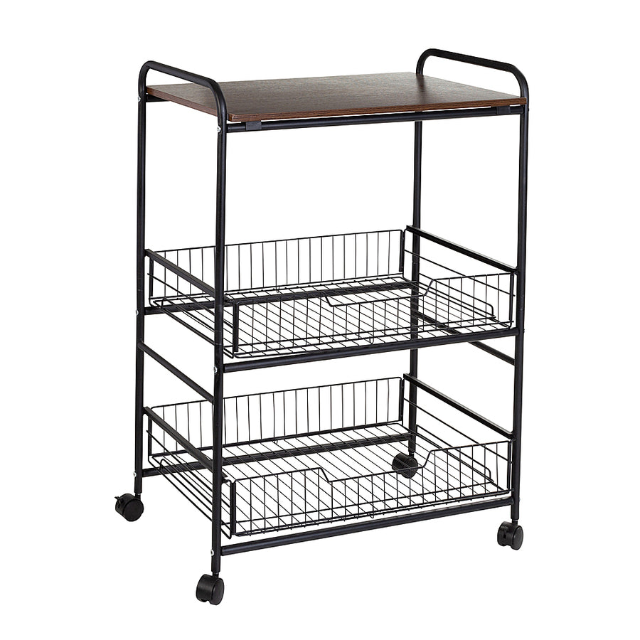 Honey-Can-Do - 3-Tier Rolling Cart with Wood Shelf and Pull-Out Baskets - Black/Brown_0