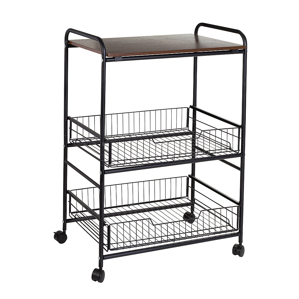 Honey-Can-Do - 3-Tier Rolling Cart with Wood Shelf and Pull-Out Baskets - Black/Brown_0