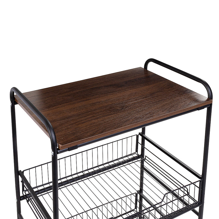 Honey-Can-Do - 3-Tier Rolling Cart with Wood Shelf and Pull-Out Baskets - Black/Brown_8