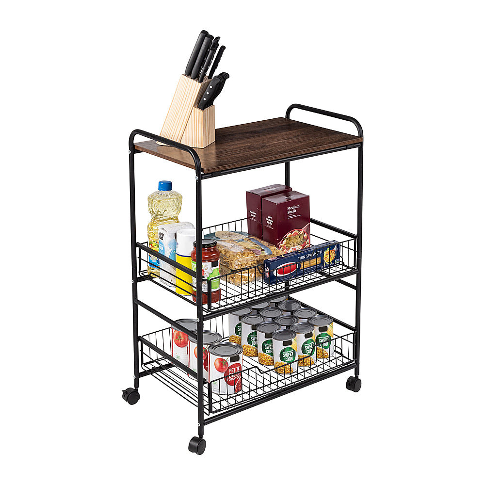 Honey-Can-Do - 3-Tier Rolling Cart with Wood Shelf and Pull-Out Baskets - Black/Brown_5