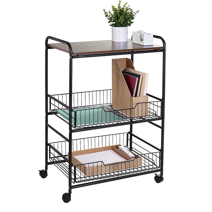 Honey-Can-Do - 3-Tier Rolling Cart with Wood Shelf and Pull-Out Baskets - Black/Brown_6