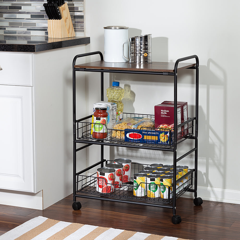 Honey-Can-Do - 3-Tier Rolling Cart with Wood Shelf and Pull-Out Baskets - Black/Brown_3