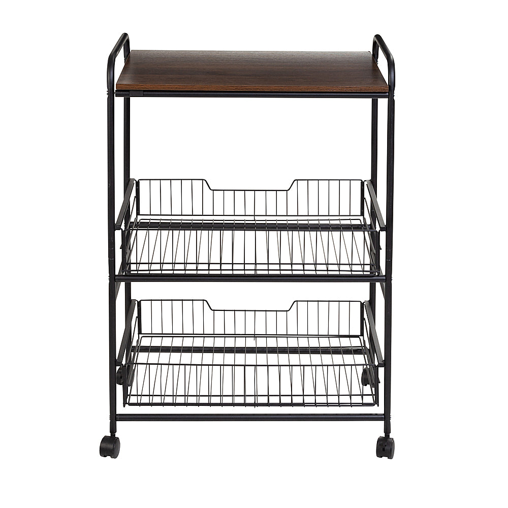 Honey-Can-Do - 3-Tier Rolling Cart with Wood Shelf and Pull-Out Baskets - Black/Brown_1