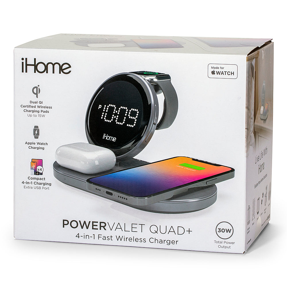 iHome - POWERVALET QUAD+ Compact Alarm Clock with Qi Wireless Fast Charging, Apple Watch Charging and USB Charging_8