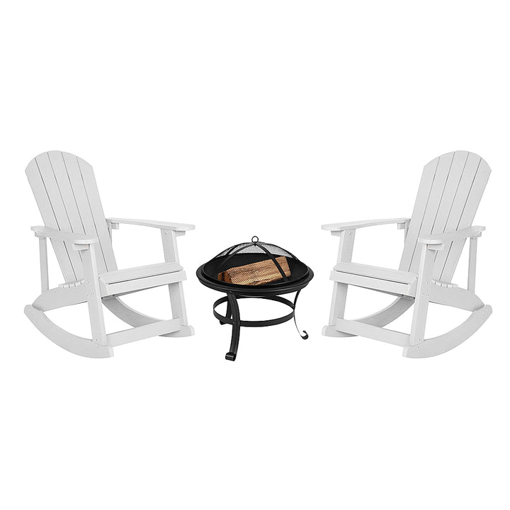 Flash Furniture - Savannah Set of 2 Poly Resin Adirondack Rocking Chairs in White & 22" Round Fire Pit - White_0