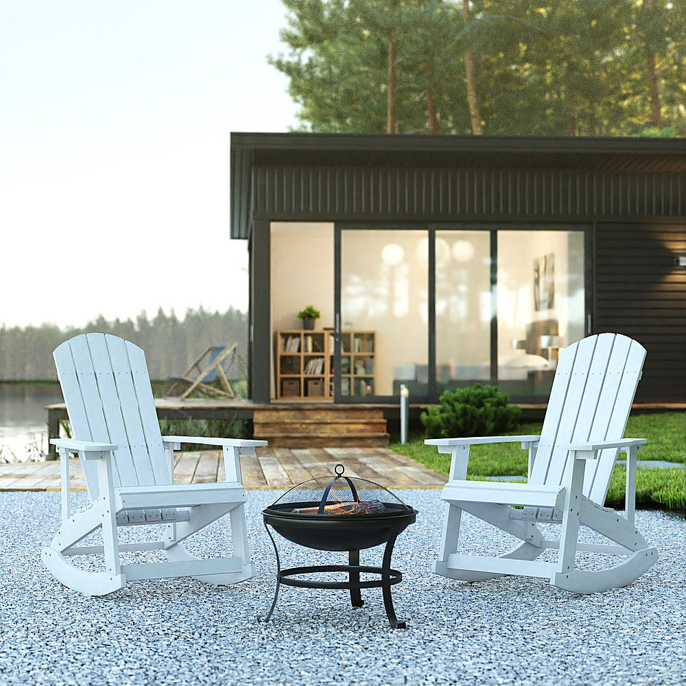 Flash Furniture - Savannah Set of 2 Poly Resin Adirondack Rocking Chairs in White & 22" Round Fire Pit - White_6