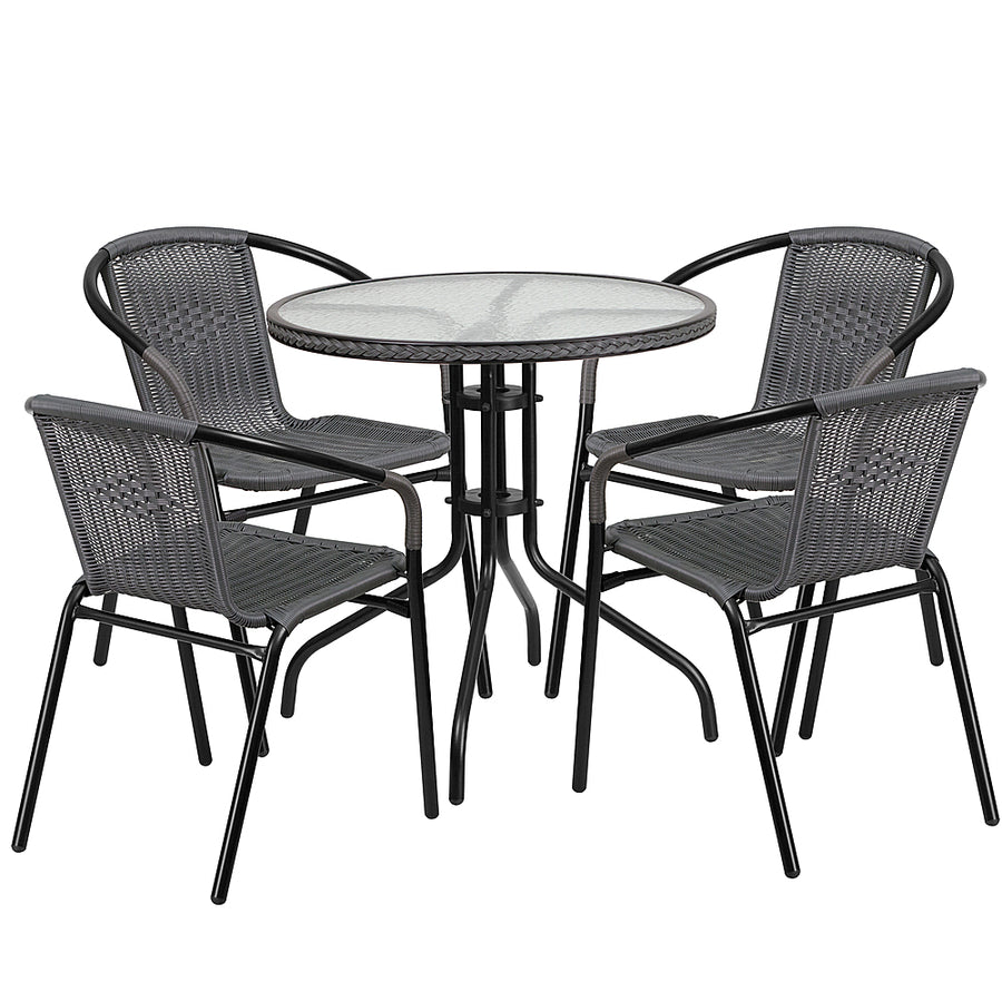 Flash Furniture - Lila Outdoor Round Contemporary Metal 5 Piece Patio Set - Clear Top/Gray Rattan_0