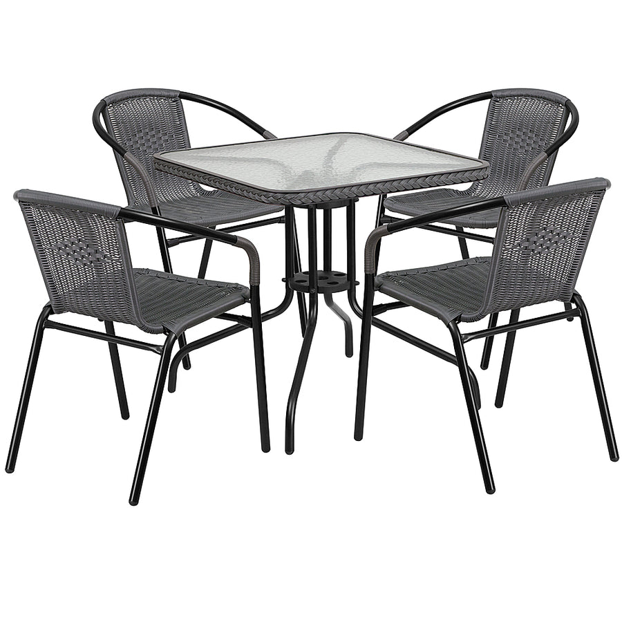 Flash Furniture - Lila Outdoor Square Contemporary Metal 5 Piece Patio Set - Clear Top/Gray Rattan_0