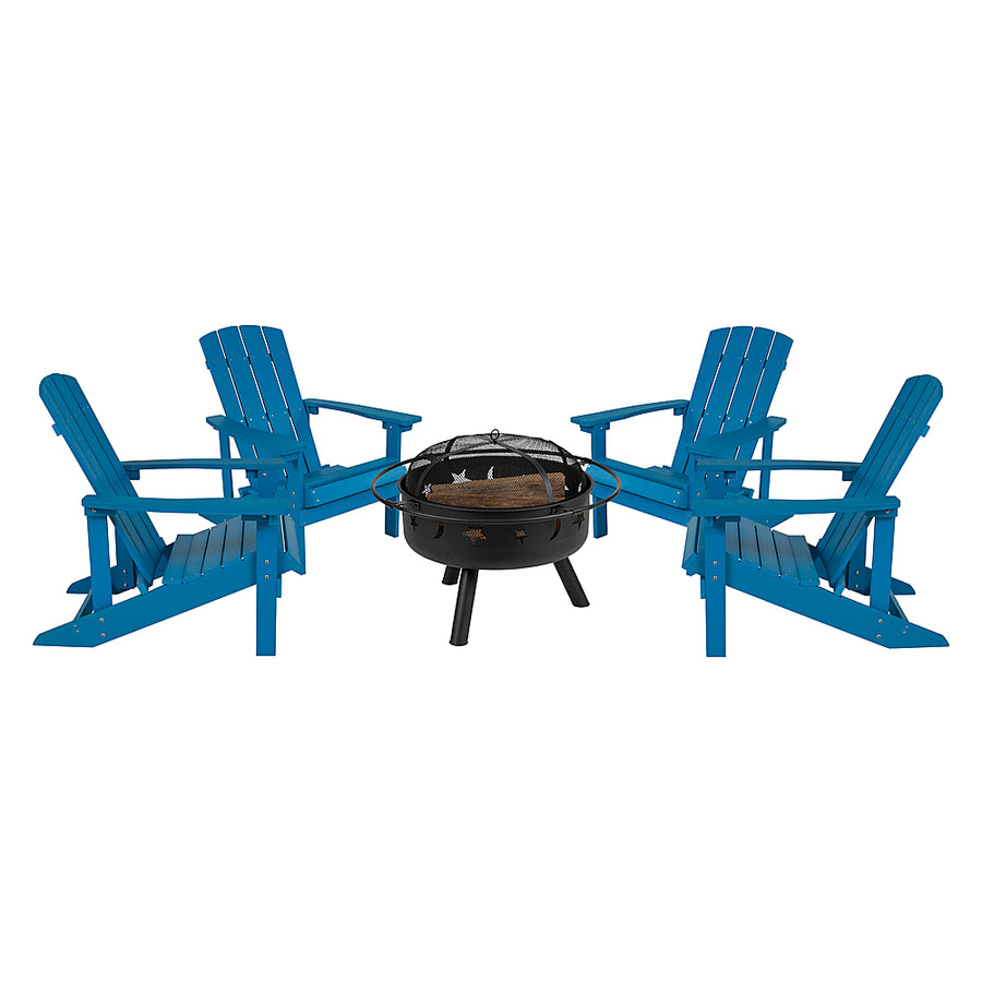 Flash Furniture - Charlestown Star and Moon Fire Pit with Mesh Cover & 4 Blue Poly Resin Adirondack Chairs - Blue_0