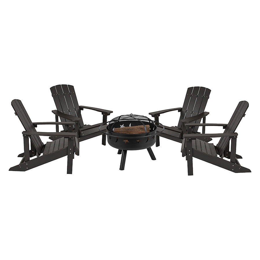 Flash Furniture - Charlestown Star & Moon Fire Pit with Mesh Cover & 4 Slate Gray Poly Resin Adirondack Chairs - Slate Gray_0