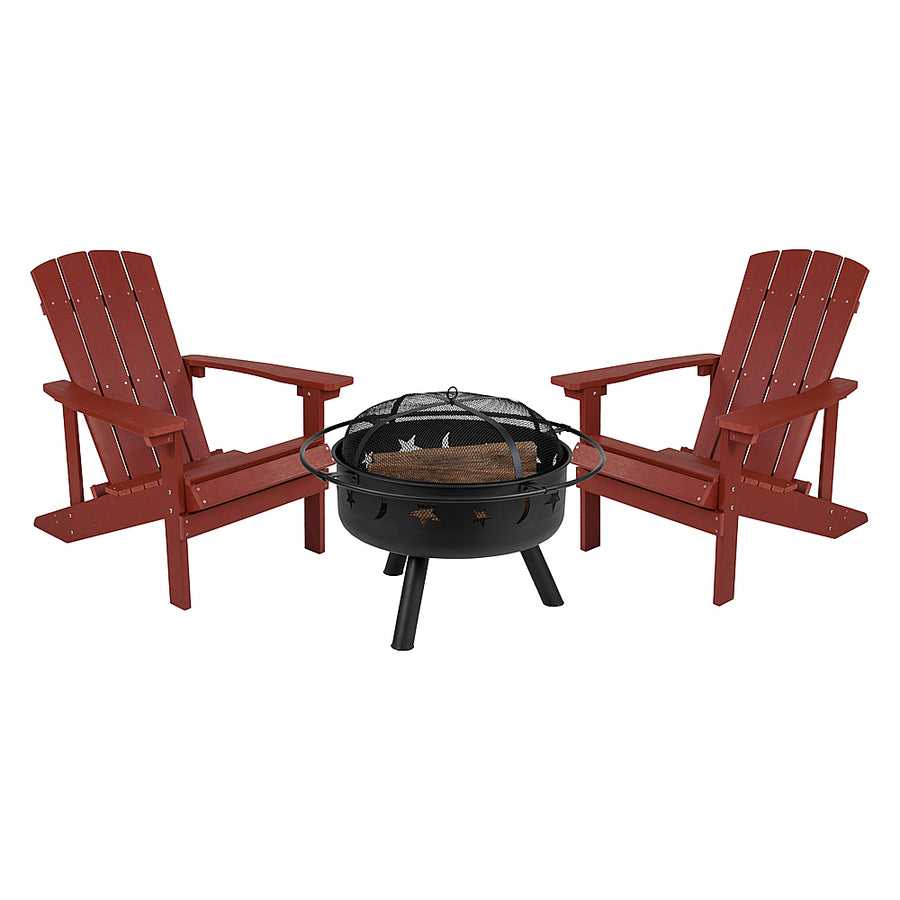 Flash Furniture - Charlestown Star and Moon Fire Pit with Mesh Cover & 2 Red Poly Resin Adirondack Chairs - Red_0