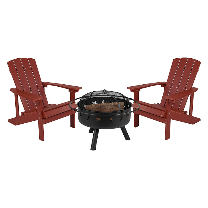 Flash Furniture - Charlestown Star and Moon Fire Pit with Mesh Cover & 2 Red Poly Resin Adirondack Chairs - Red_0