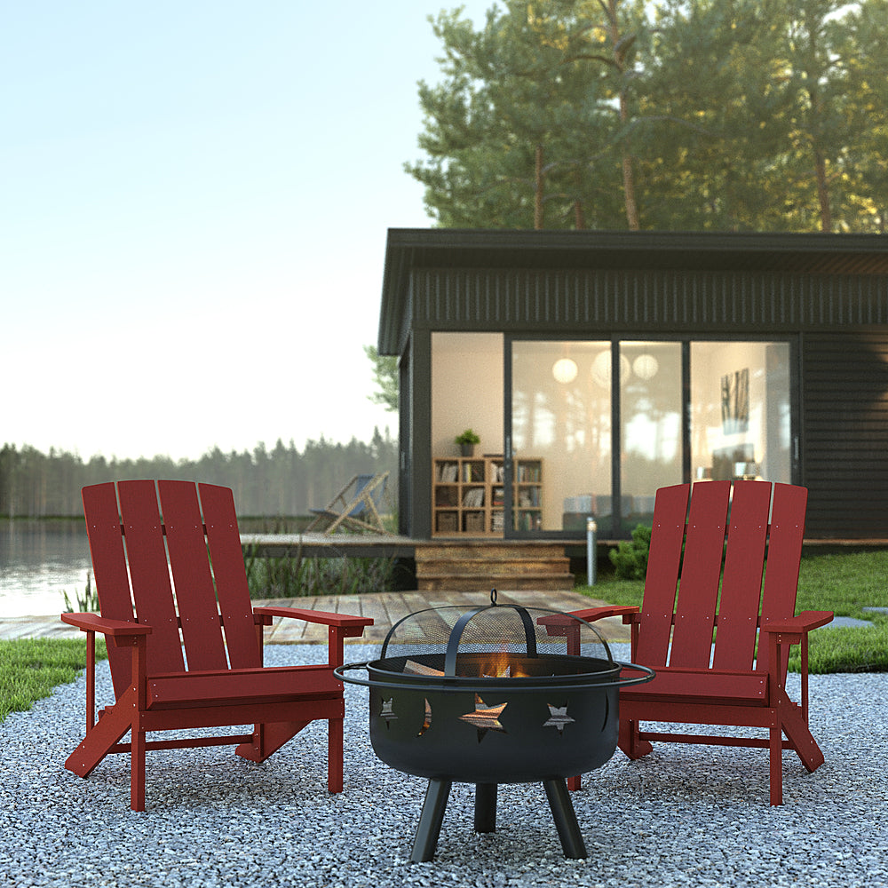Flash Furniture - Charlestown Star and Moon Fire Pit with Mesh Cover & 2 Red Poly Resin Adirondack Chairs - Red_5
