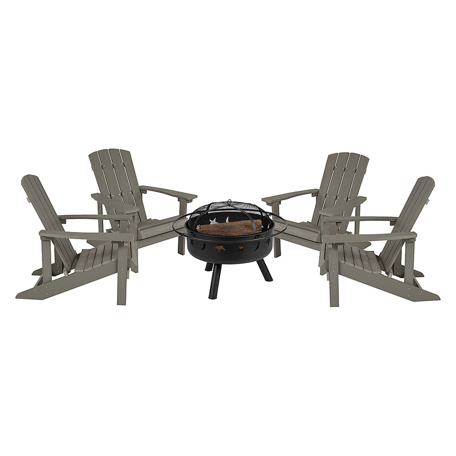 Flash Furniture - Charlestown Star and Moon Fire Pit with Mesh Cover & 4 Lt. Gray Poly Resin Adirondack Chairs - Light Gray_0