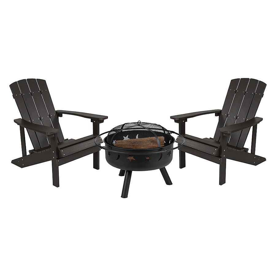 Flash Furniture - Charlestown Star & Moon Fire Pit with Mesh Cover & 2 Slate Gray Poly Resin Adirondack Chairs - Slate Gray_0