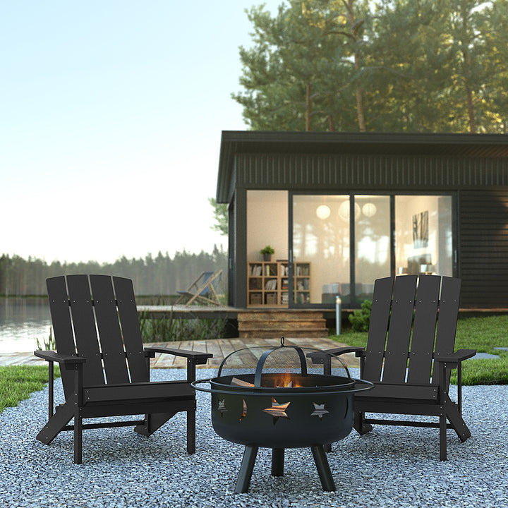 Flash Furniture - Charlestown Star & Moon Fire Pit with Mesh Cover & 2 Slate Gray Poly Resin Adirondack Chairs - Slate Gray_6