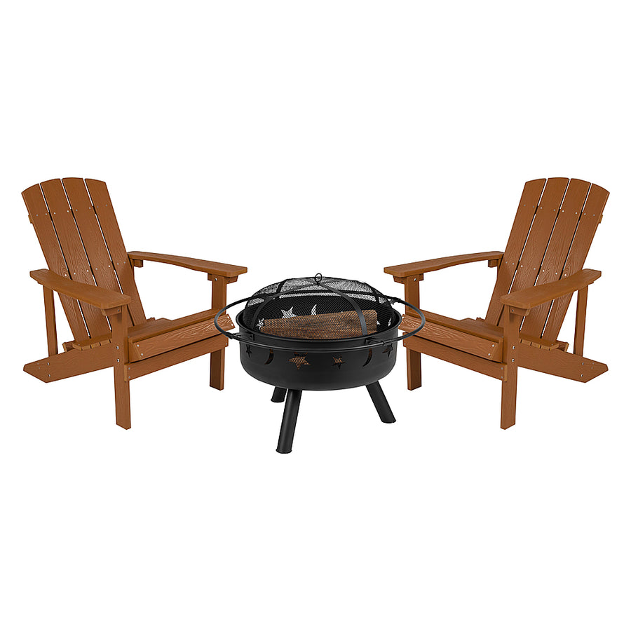 Flash Furniture - Charlestown Star and Moon Fire Pit with Mesh Cover & 2 Teak Poly Resin Adirondack Chairs - Teak_0