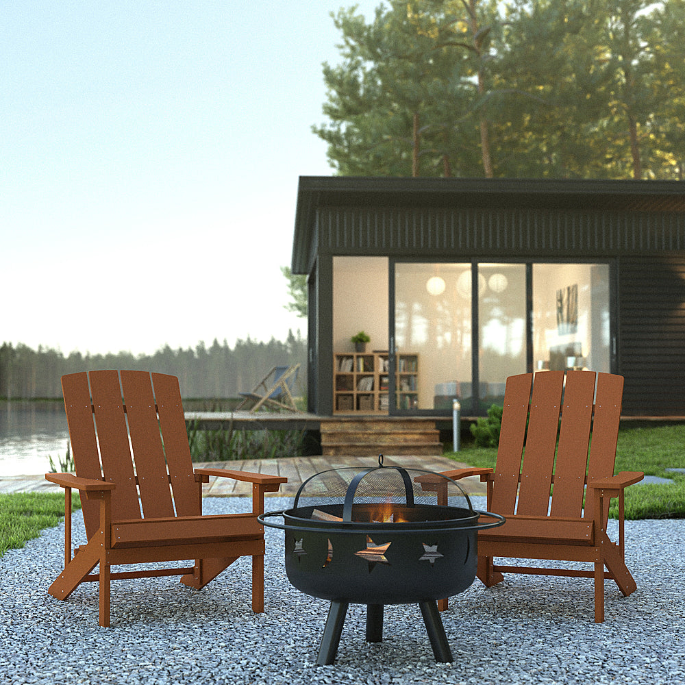 Flash Furniture - Charlestown Star and Moon Fire Pit with Mesh Cover & 2 Teak Poly Resin Adirondack Chairs - Teak_6