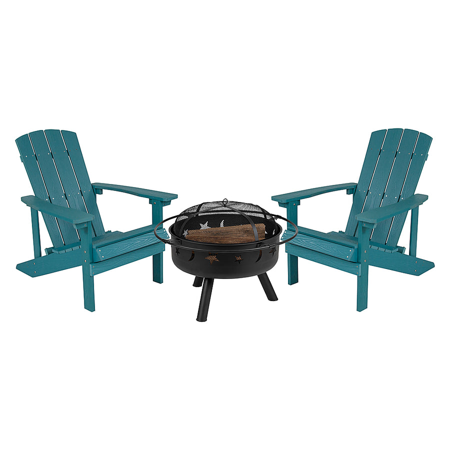 Flash Furniture - Charlestown Star and Moon Fire Pit with Mesh Cover & 2 Sea Foam Poly Resin Adirondack Chairs - Sea Foam_0