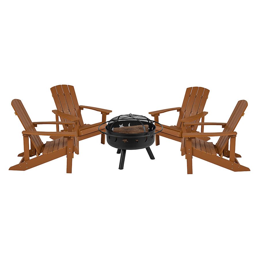 Flash Furniture - Charlestown Star and Moon Fire Pit with Mesh Cover & 4 Teak Poly Resin Adirondack Chairs - Teak_0