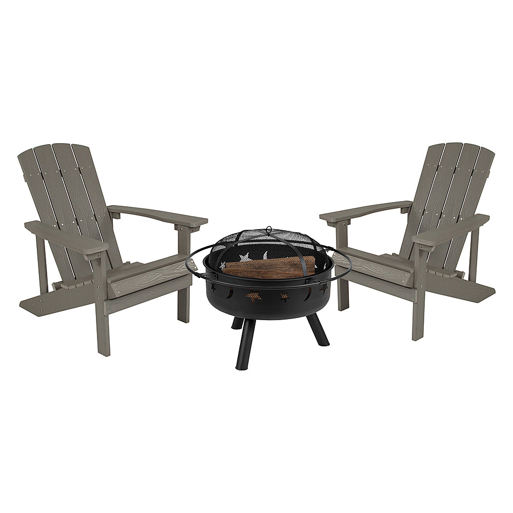 Flash Furniture - Charlestown Star and Moon Fire Pit with Mesh Cover & 2 Lt. Gray Poly Resin Adirondack Chairs - Light Gray_0