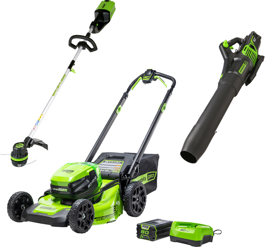 Greenworks - 80 Volt 21-Inch Self Propelled Lawn Mower 13-Inch String Trimmer and 730 CFM Blower (1 x 4.0Ah Battery and 1 x Charger ) - Green_0