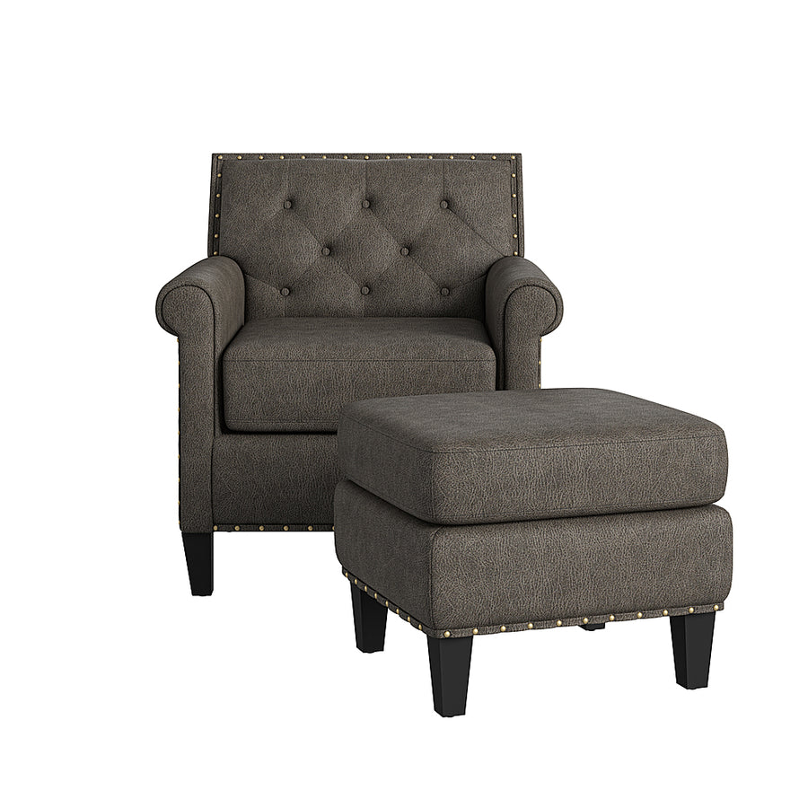 Handy Living - Aviva Rolled Arm Distressed Faux Leather Traditional Arm Chair and Ottoman - Distressed Gray_0
