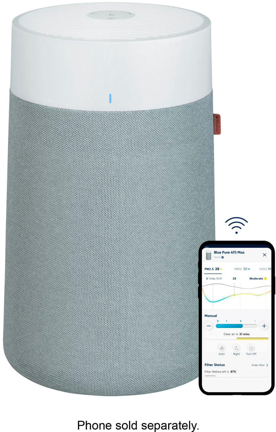 Blueair - Blue Pure 411i Max 219 Sq. Ft HEPASilent Smart Small Room Bedroom Air Purifier - White/Gray_0