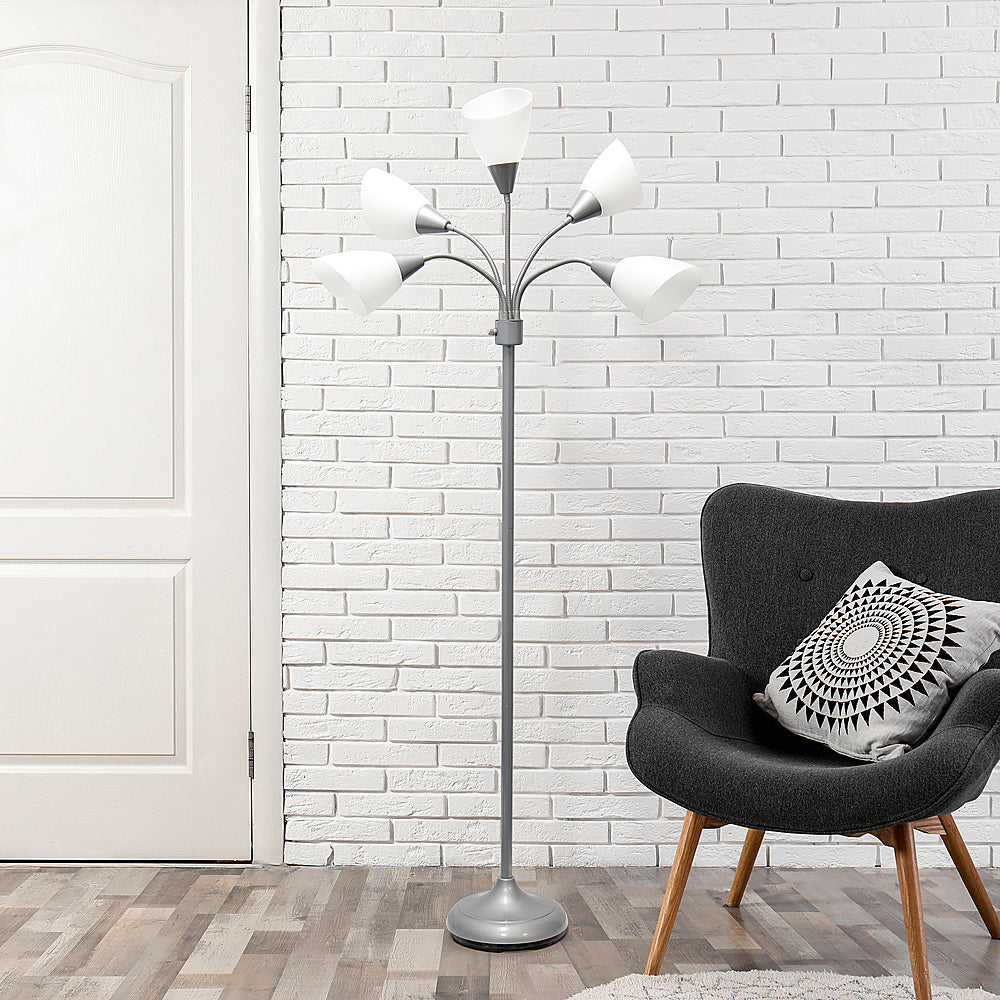 Simple Designs 5 Light Adjustable Gooseneck Floor Lamp - Silver/White Shades_10
