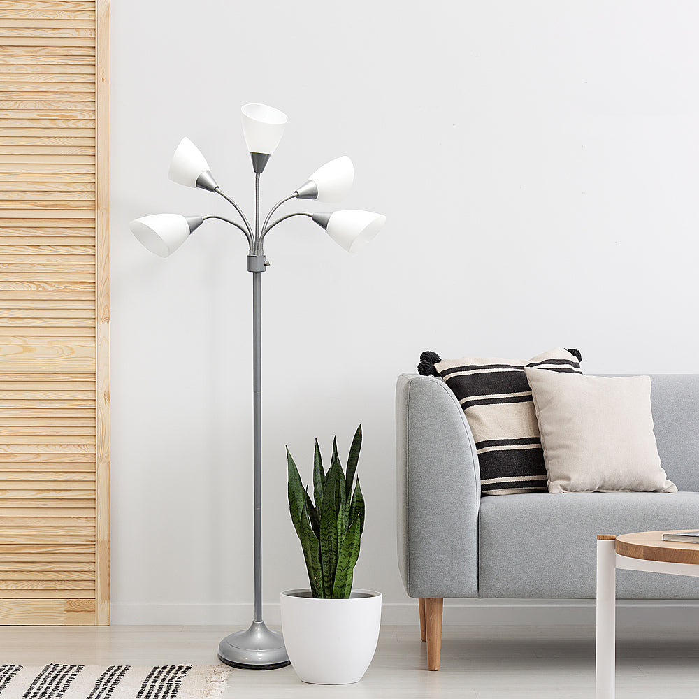 Simple Designs 5 Light Adjustable Gooseneck Floor Lamp - Silver/White Shades_9