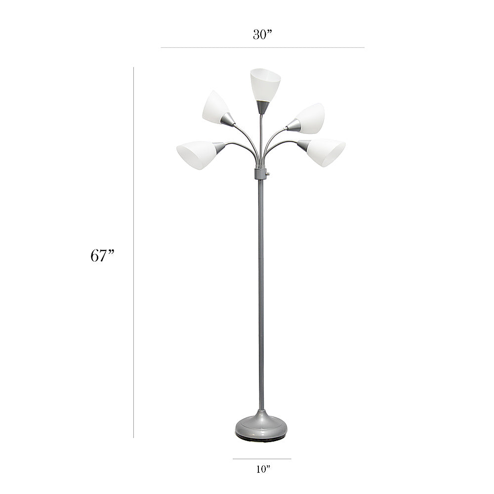 Simple Designs 5 Light Adjustable Gooseneck Floor Lamp - Silver/White Shades_2