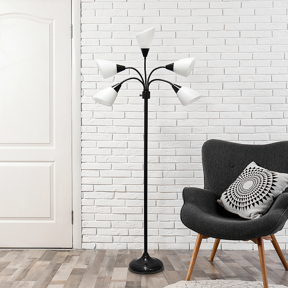 Simple Designs 5 Light Adjustable Gooseneck Floor Lamp - Black/White Shades_9