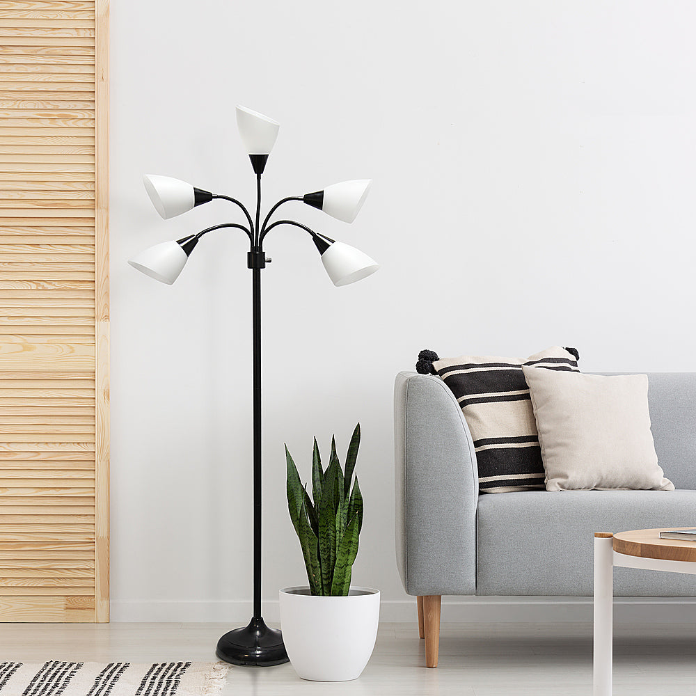 Simple Designs 5 Light Adjustable Gooseneck Floor Lamp - Black/White Shades_10