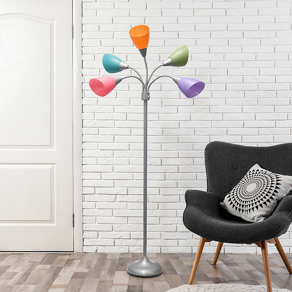 Simple Designs 5 Light Adjustable Gooseneck Floor Lamp - Silver/Fun Multicolored Shades_9