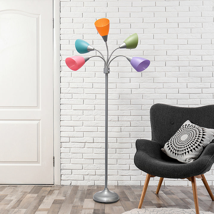 Simple Designs 5 Light Adjustable Gooseneck Floor Lamp - Silver/Fun Multicolored Shades_9