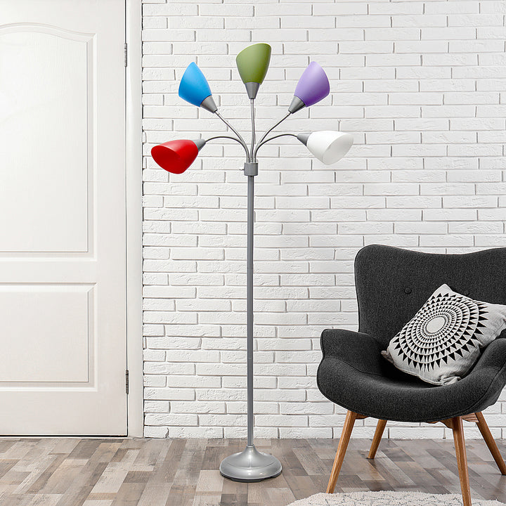Simple Designs 5 Light Adjustable Gooseneck Floor Lamp - Silver/Primary Multicolored Shades_9