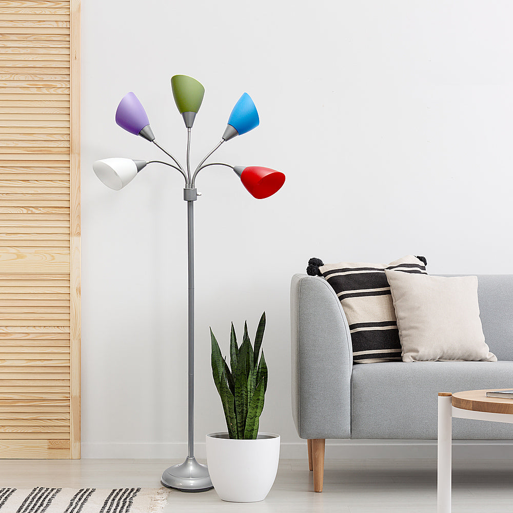 Simple Designs 5 Light Adjustable Gooseneck Floor Lamp - Silver/Primary Multicolored Shades_10